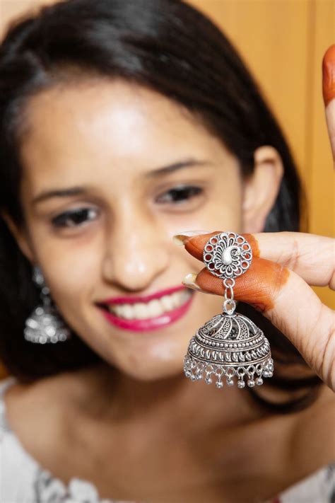 Traditional Indian Ethnic Oxidized German Silver small cute hanging style EARRING Pair with ...