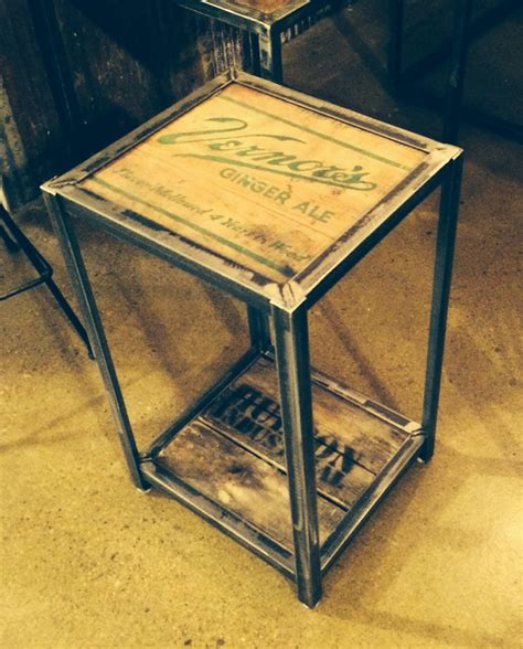 Small table made from steel and an old Vernor's crate at the Rust Belt in Ferndale Michigan ...