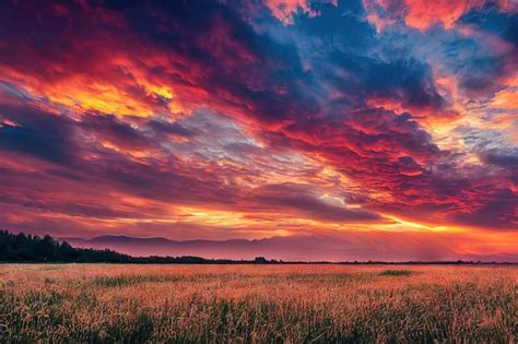 Premium Photo | Beautiful cloudy sunset dramatic sky over green field