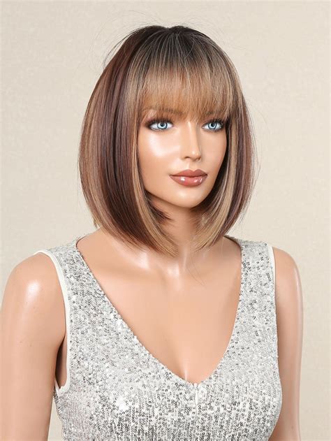 Short Bob Straight Hair With Bangs, Dip Dye Brown To Light Brown Color, Synthetic Fiber ...