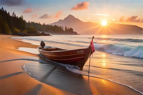 Premium Photo | A boat on the beach at sunset