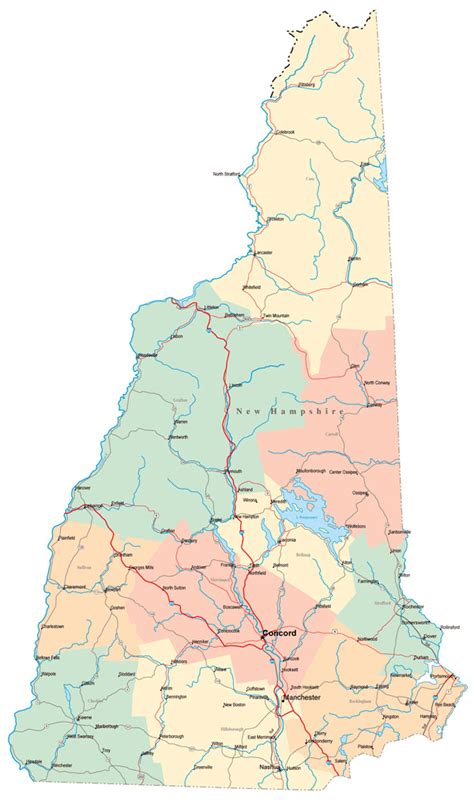 Large administrative map of New Hampshire state with highways, roads ...