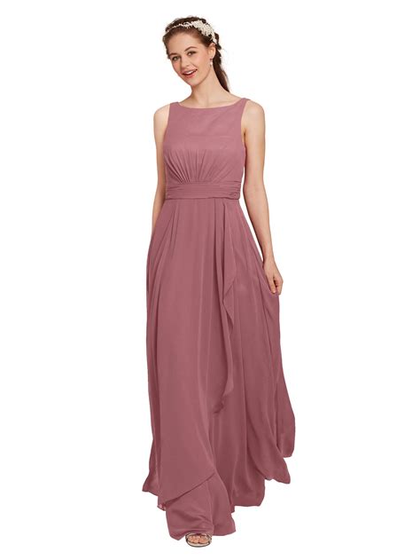Dusky Pink Chiffon Bridesmaid Dress Wedding Party Prom Gown Maxi Evening washhounds.com