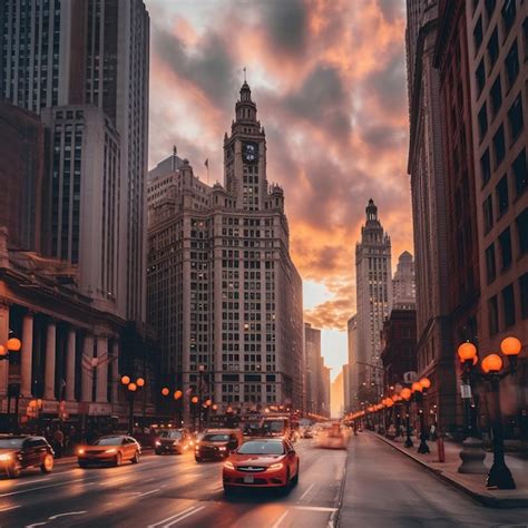 Premium Photo | Chicago city skyline dramatic sunset downtown artwork