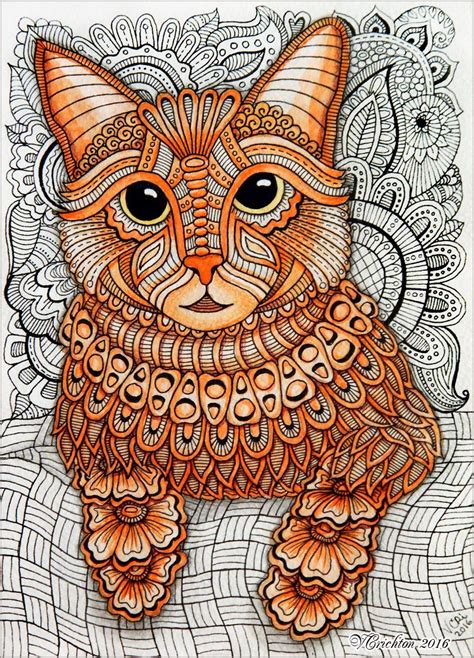 Zentangle stylized Cat illustration. Gel pen, watercolor. Author ...