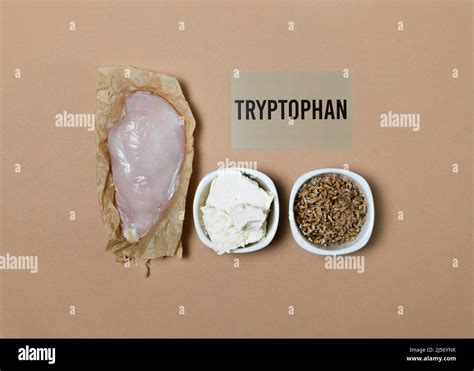 Tryptophan rich foods. Natural sources of tryptophan are chicken fillet, cottage cheese ...