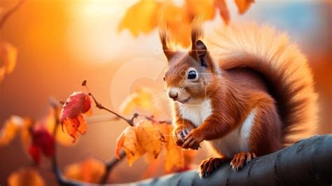 Red Squirrel Feeding on Leaves in Autumn stock photo | Creative Fabrica