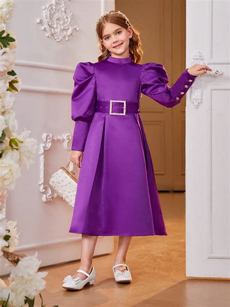 SHEIN Kids Nujoom Big Girls' Deep Purple Vintage Palace Style Metal Belted A-line Dress With ...