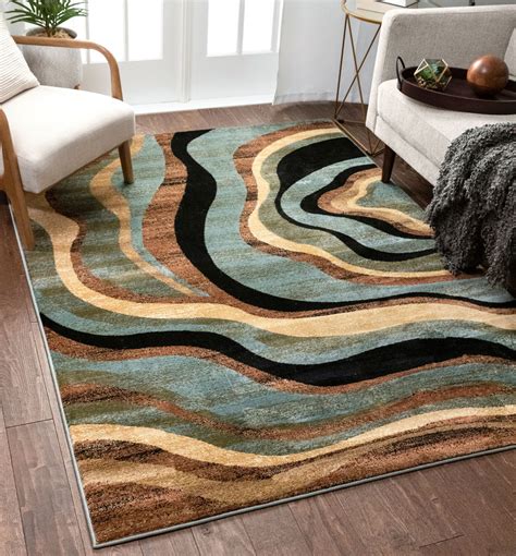 Hudson Waves Blue Brown Geometric Modern Casual Area Rug Easy to Clean Stain Fade Resistant Shed ...