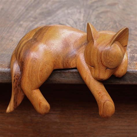 Natural Finish Suar Wood Sleeping Cat Sculpture from Bali - Snoozing ...