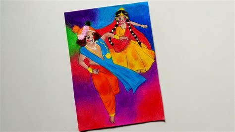 Holi Special Drawing- Radha Krishna Holi Drawing With Oil Pastels/ Easy Holi Celebration Drawing ...