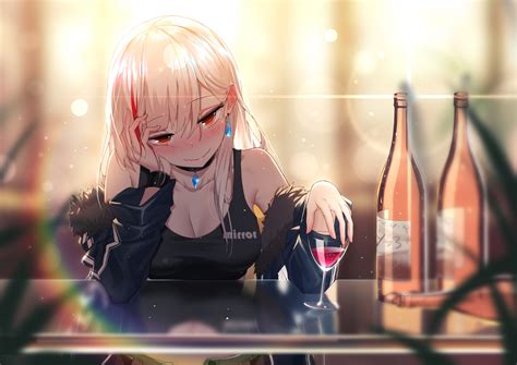 Anime Anime Girls Original Characters Frontal View Drunk Wine Bottles Wine Glass Looking At ...