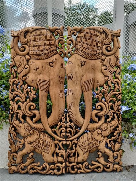 Elephant wall panels Carved wooden planks twin elephants Wall | Etsy