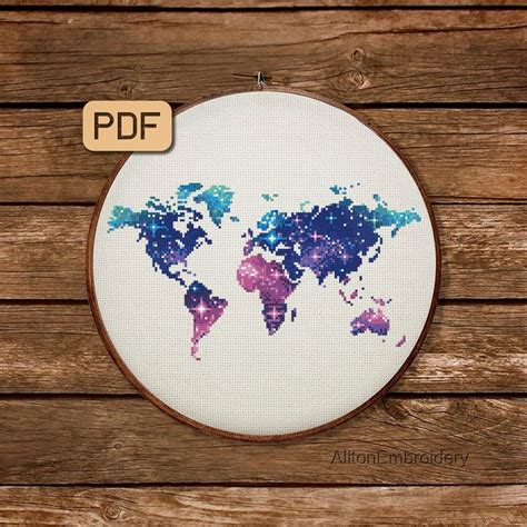 World Map Cross Stitch Pattern, Galaxy Crossstitch PDF, Earth Embroidery Design, Instant ...