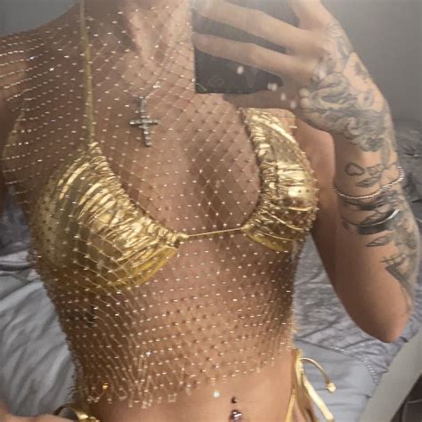 Mesh gold top & gold metallic skirt set WORN ONCE... - Depop