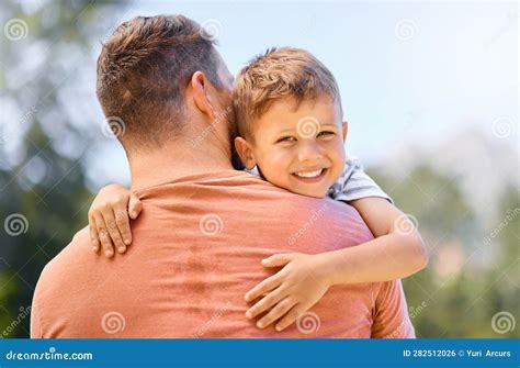 Portrait, Father and Son Hug, Outdoor and Smile with Quality Time ...