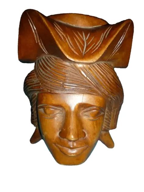 VINTAGE HAND-CARVED WOOD Face Head Vase 12" tall Sculpture Figuirine ...