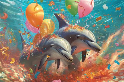 Premium AI Image | Dolphins celebrating birthday party cartoon illustration generative ai