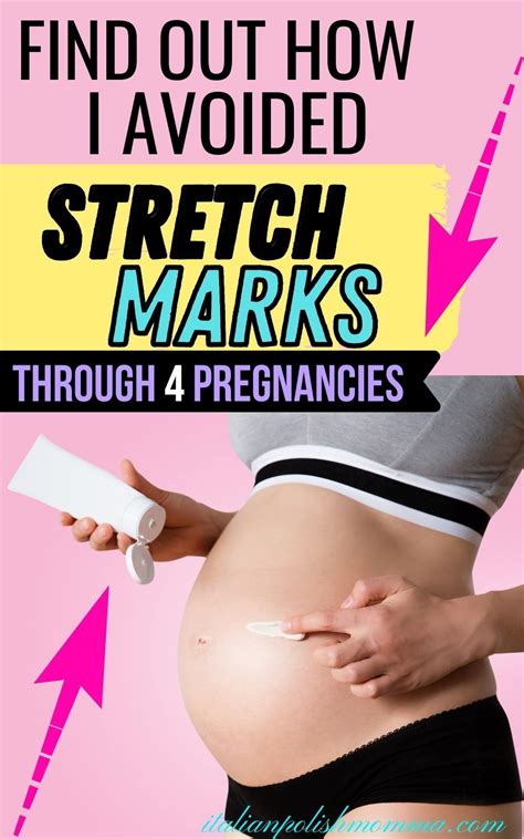 Pregnant mom putting stretch mark prevention cream on her stomach. Prevent stretch marks with ...