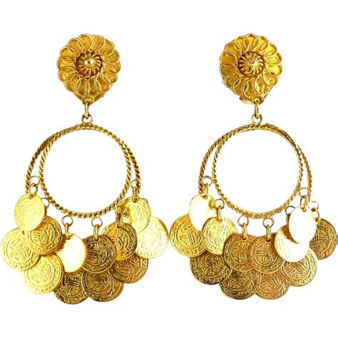 1970's Greek Double Hoop & Coin Dangle Earrings- Clip On (With images) | Dangle earrings ...