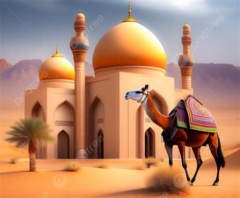 View Of A Realistic Mosque In The Desert With Camel Background, Realistic Mosque, Desert Arabic ...