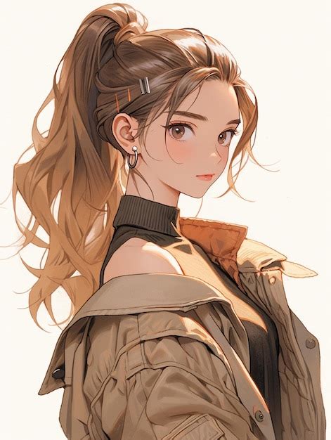 Premium Photo | Anime girl with ponytail in brown jacket and black top generative ai