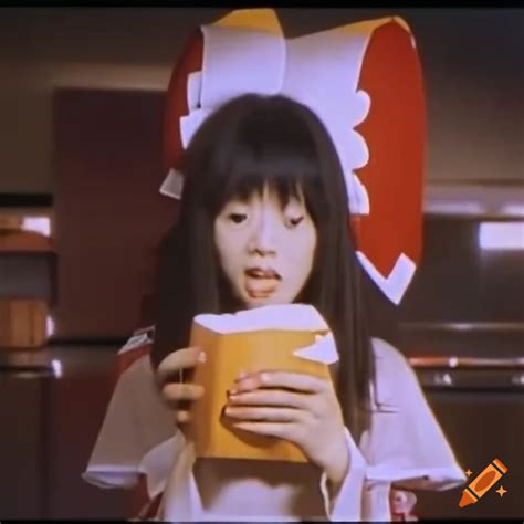 Vintage film of reimu hakurei eating a cheeseburger