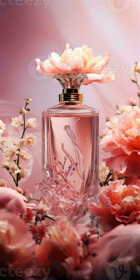 Glass bottle of perfume on floral background. Pink floral background. Generative AI 30327664 ...