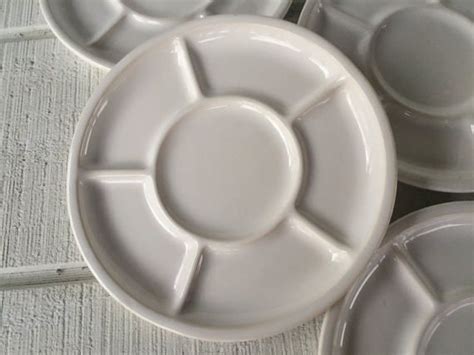 4 Vintage white stoneware plates, Fondue Sushi divided plates, Retro ceramic grill plates ...