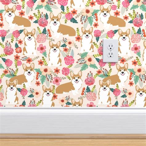 Welsh Corgi Wallpaper Corgi Florals by Petfriendly Pink | Etsy