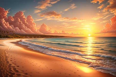 Premium AI Image | a painting of a beach with a sunset and palm trees