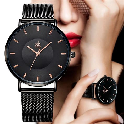 SK Fashion Black Women Watches High Quality Ultra Thin Quartz Elegant ...