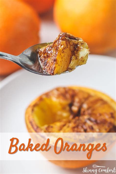 baked oranges on a white plate with a spoon in the foreground and text overlay that reads baked ...