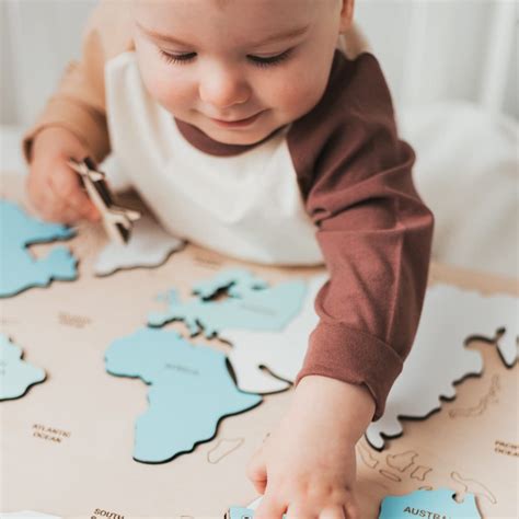 Wooden World Map Continents and Ocean Personalized Puzzle Baby Gift Montessori Educational Toys ...