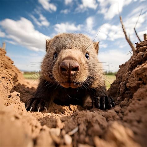 Premium AI Image | Alert Wombat Emerging from Burrow in Low Angle