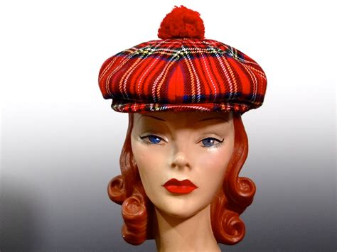 Vintage Tartan Plaid Tam Hat Newsboy Cap with Red Pom Pom | Etsy