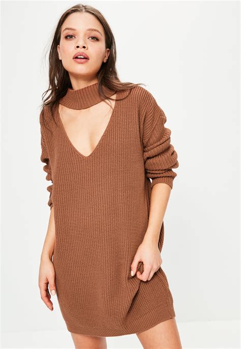 Lyst - Missguided Brown Choker Neck Mini Knitted Jumper Dress in Brown