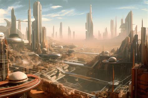 View of Futuristic City on Mars, with Towering Buildings and Bustling Streets Stock Illustration ...