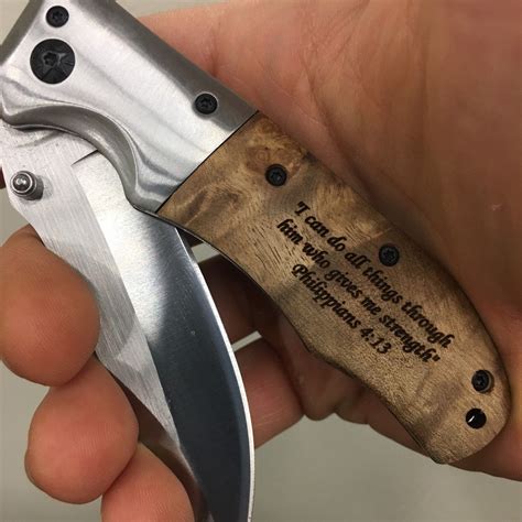 Philippians 4:13 quote engraved on wood handle pocket knife ...