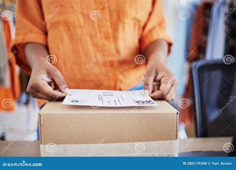 Hands, Label or Woman with Box for Delivery, Shipping or Package with ...