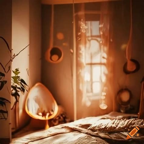 Boho style bedroom with detailed decor and bright light on Craiyon