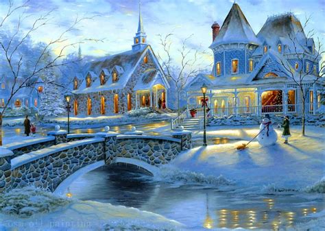 Handmade Wall Art Christmas Eve Landscape Oil Painting on Canvas Christmas Unique Gifts New Year ...