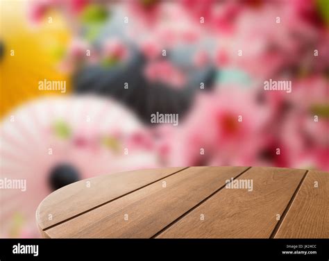 wooden coffee table with japanese background Stock Photo - Alamy