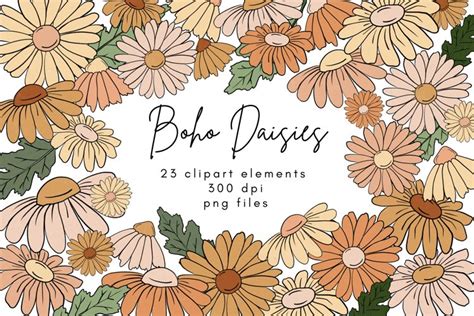 Boho Daisy Clipart |Retro Floral Daisies Png Files