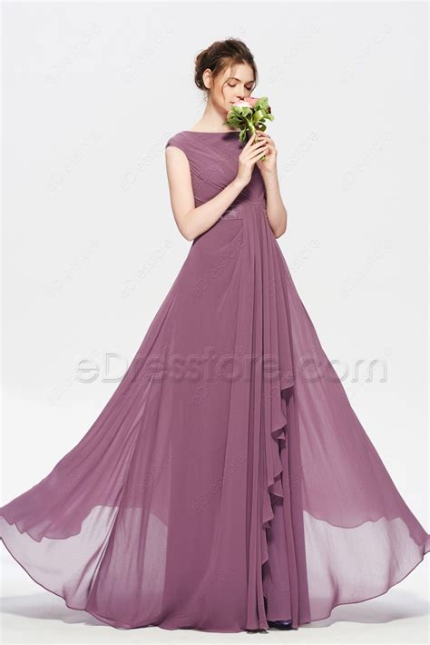 Modest Beaded Dusty Purple Long Bridesmaid Dress Cap Sleeves | eDresstore