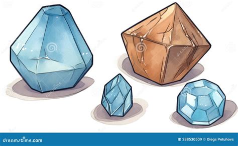 A Group of Three Blue and One Brown Crystal Stones on a White Background with Shadow on the ...