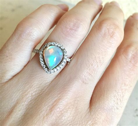 Halo Large Opal Diamond Engagement Ring Teardrop Genuine Opal | Etsy