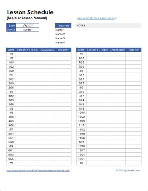 Lesson Schedule Template for Excel and Google Sheets