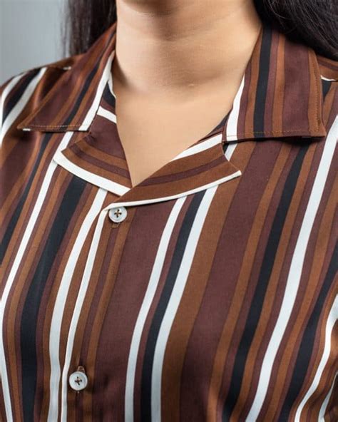 Women’s Cuban Collar Half Sleeve Shirt With Vertical Stripes In Brown ...