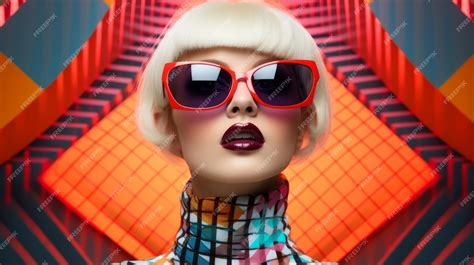 Premium AI Image | Fashion retro girl wearing sunglasses Futuristic pop art woman with geometric ...